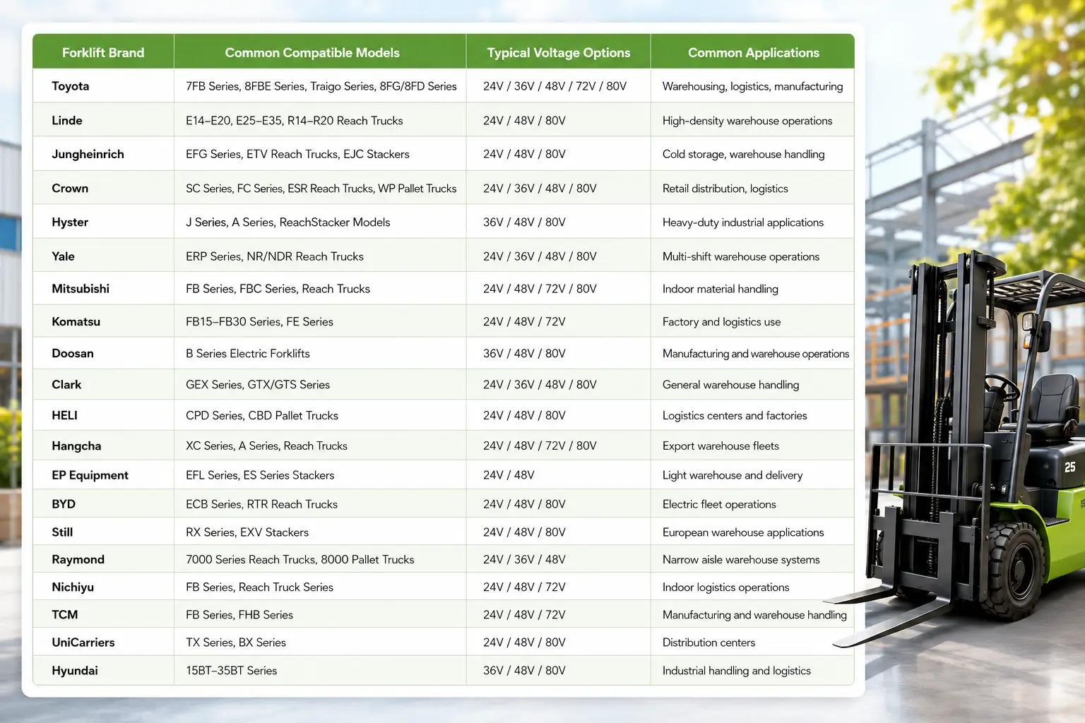 CoPow Lithium Forklift Battery Compatible Forklift Models Reference Table CoPow Lithium Forklift Battery Compatible Forklift Models Reference Table
